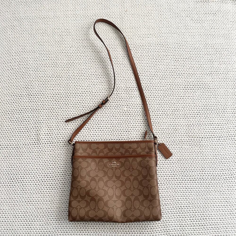 Coach Brown Tan Signature Slim File Crossbody Coated Canvas Bag C1723